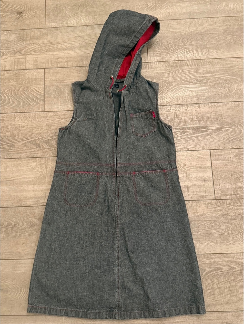 Sleeveless Hooded Denim Dress with Red Stitching and Drawstring